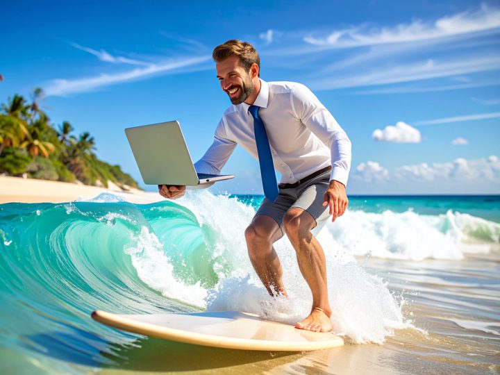 Man on a surfboard, taking a zoom call