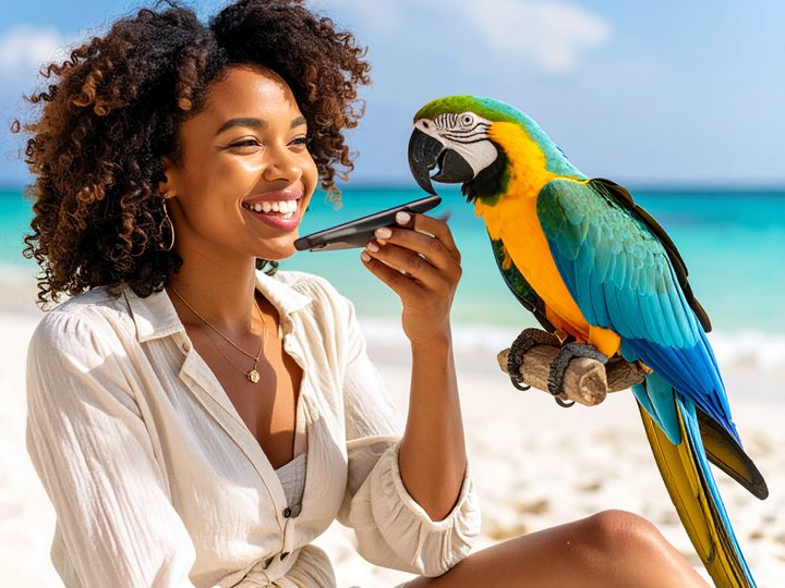 Woman and a parrot talking on a phone
