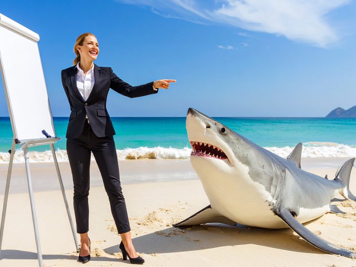 Lady presenting to a shark