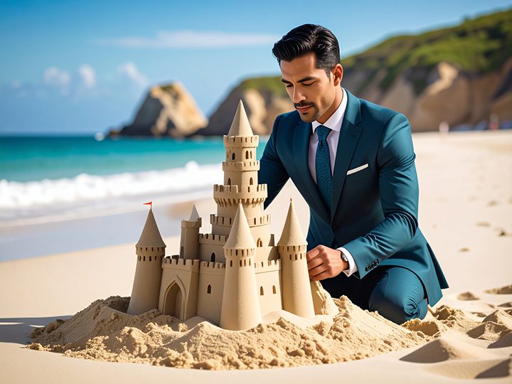 Man in a suit building a sand castle